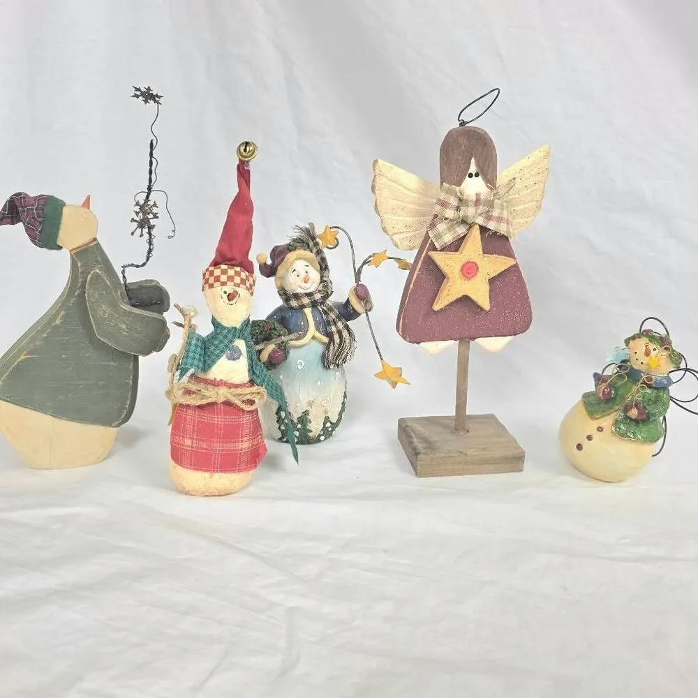 Primitive Christmas Snowman & Angel Figurines Lot